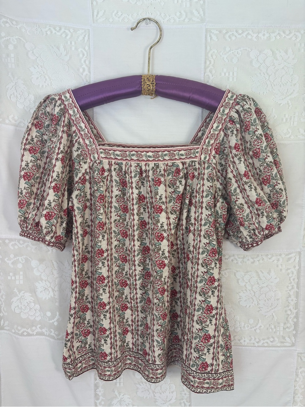 Cream Floral Square Neck Boho Puff Sleeve Cottagecore Whimsy Blouse Size S-M